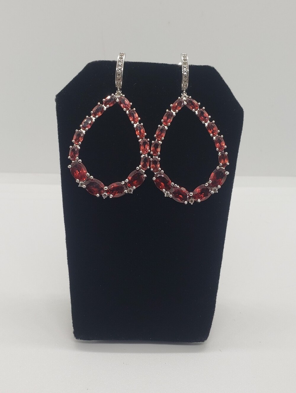 Red Garnet & White Zircon Drop Earrings In Platinum over Sterling Silver